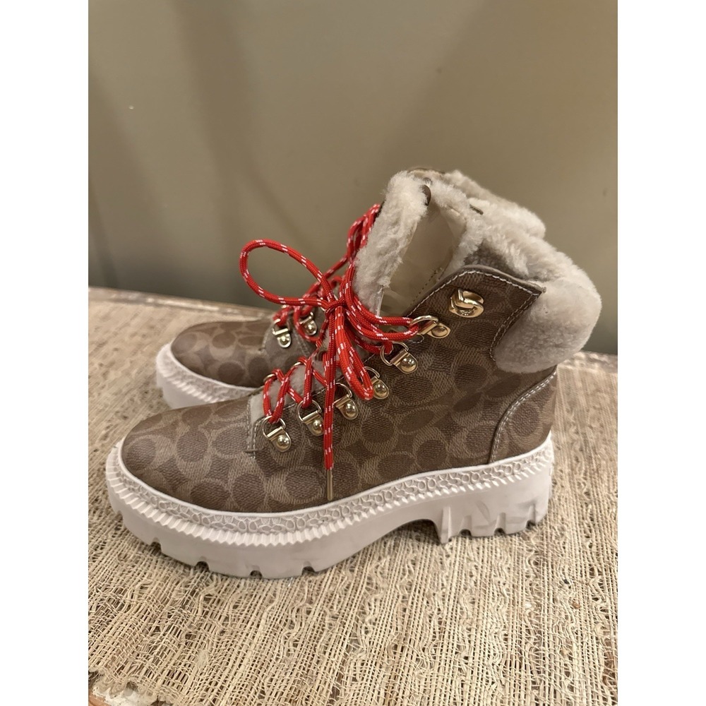 Coach Janel Signature Logo Print Shearling Accent Lug Sole Hiker Booties Sz-8.5 - Picture 8 of 14